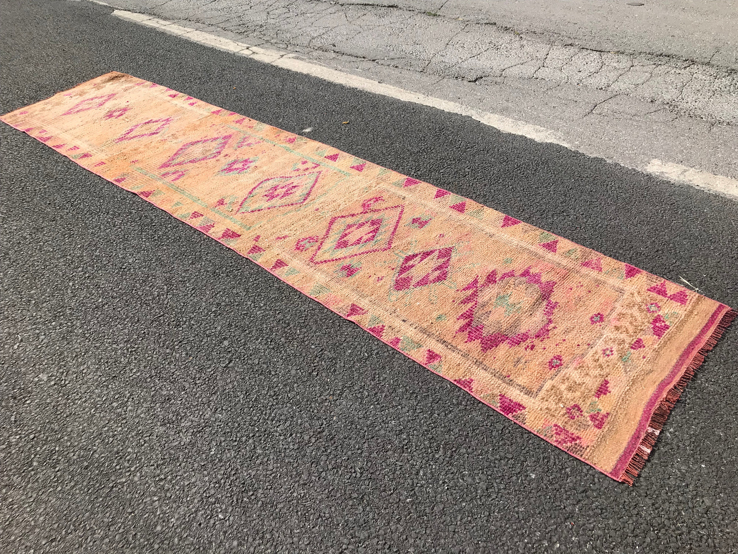 2,7×11,9 ft Runner Turkish Vintage Rug, Pink Solid Wool Rug