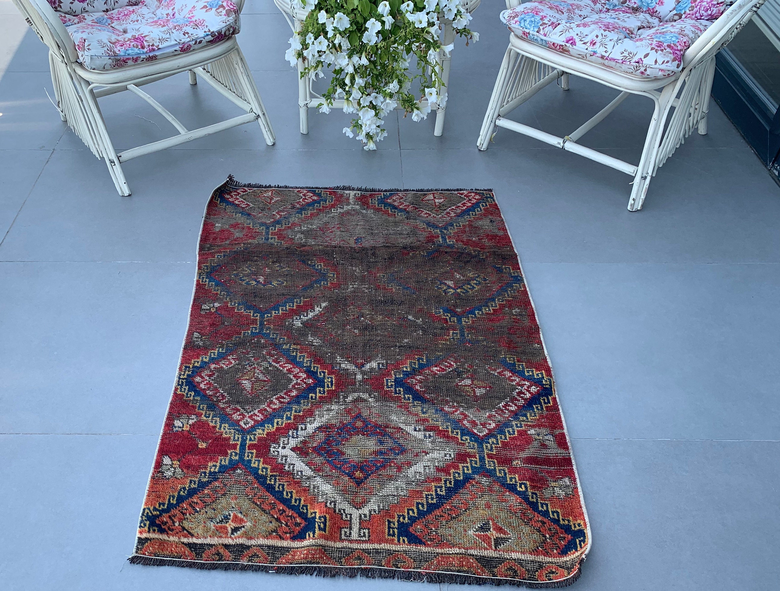 3×4,3 ft Vintage Rug, Turkish Small Rug, Red Blue Oriental Rug