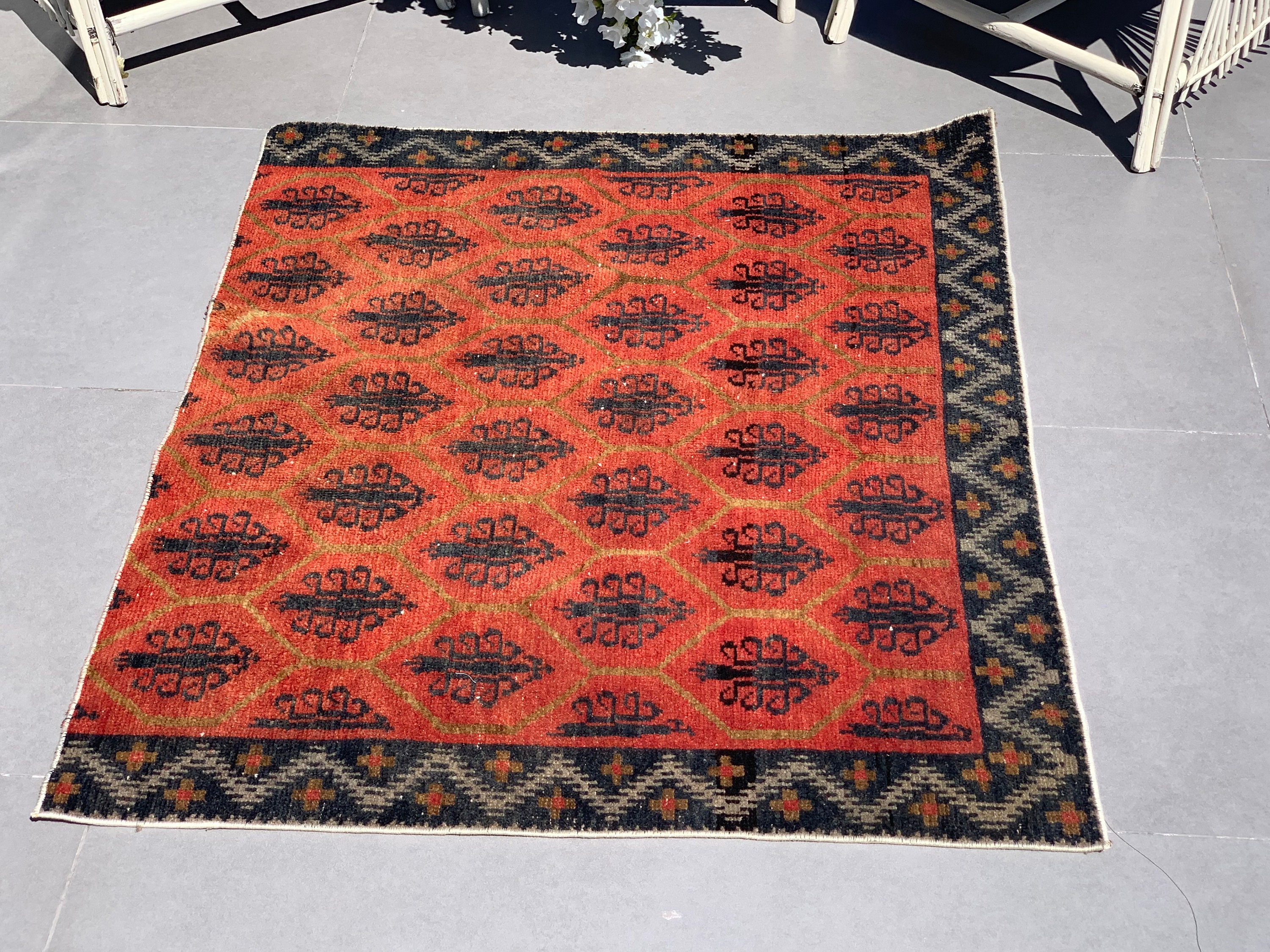 Small Kitchen Rug, Handmade Vintage Rug 1'11