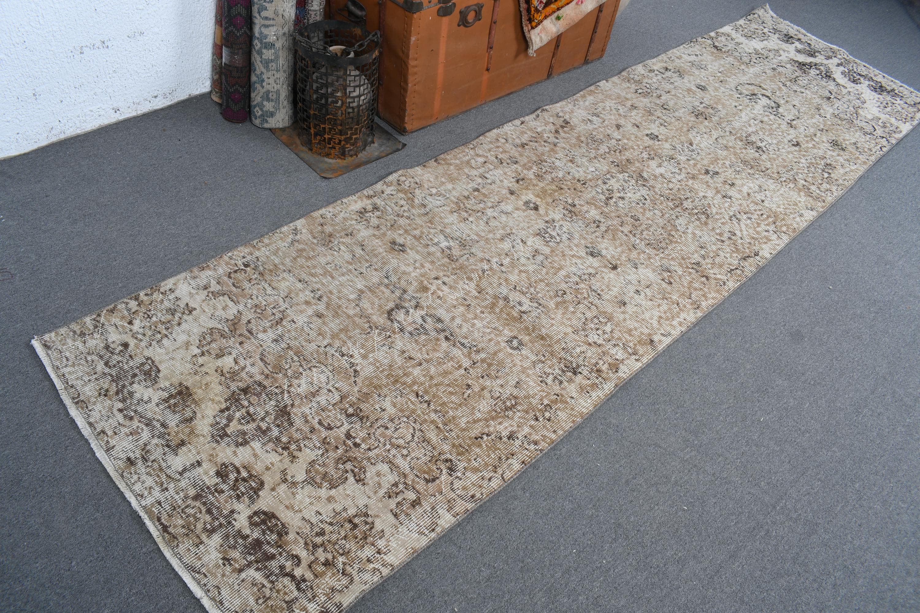 2,9×10,7 ft Turkish Vintage Rug, Runner Rug, Brown Wool Rug