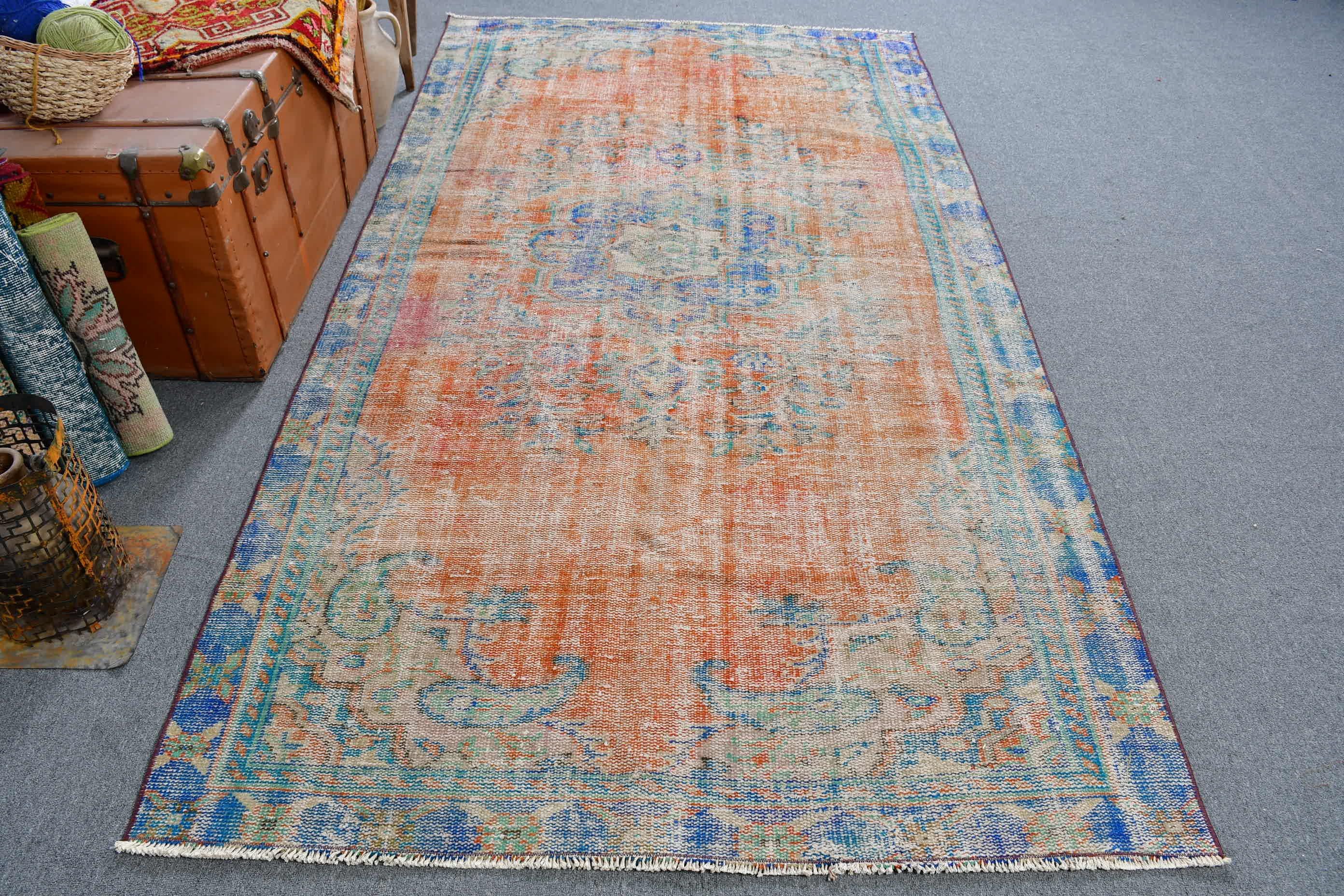 4,8×9,4 ft Vintage Rug, Turkish Rug, Orange Floral Wool Rug